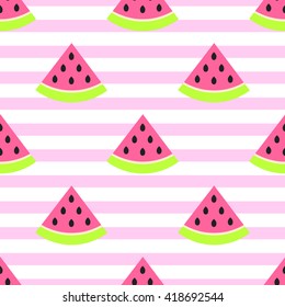 Watermelon slices seamless pink pattern on white. Juicy summer fruit stripes pattern.