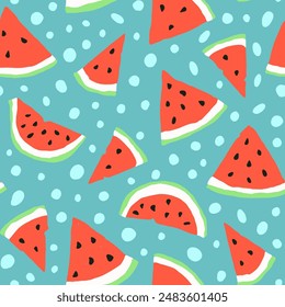 Watermelon slices seamless repeat pattern on blue background. Tropical food, fruit, travel, vacation fun playful pattern.