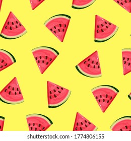 Watermelon slices, seamless yellow pattern. Vector illustration. Summer watermelon background.