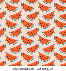 Watermelon slices with seed Seamless Pattern in trendy doodle minimalist. Healthy eating background