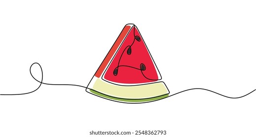 Watermelon slices with seeds, drawn in a continuous one line style. Minimalist vector illustration for a fresh food concept.