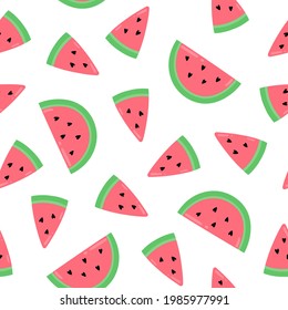 Watermelon slices. Seeds in the form of hearts. Vector summer seamless pattern.