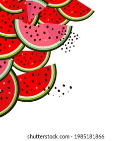 Watermelon slices with seeds. Ornament for card and web. Colorful summer time vector illustration. Flat style.