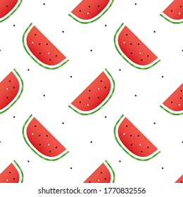 Watermelon slices and watermelon seeds vector cartoon style seamless pattern background.
