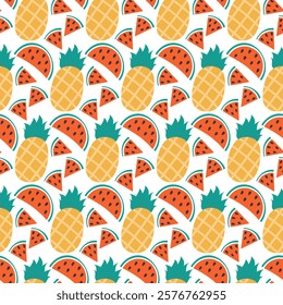 Watermelon slices with seeds and Whole Pineapple Seamless Pattern on transparent background concept