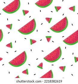 Watermelon slices set in seamless pattern. Vector illustrations of cute tropical fruit dessert for kids. Cartoon triangles and semicircular watermelon wedges isolated on white. Summer food concept
