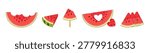 Watermelon slices set. Summer fruit collection heart shaped and bitten watermelon pieces. Bright flat vector illustrations for summer designs, stickers, and food branding. Vector illustration