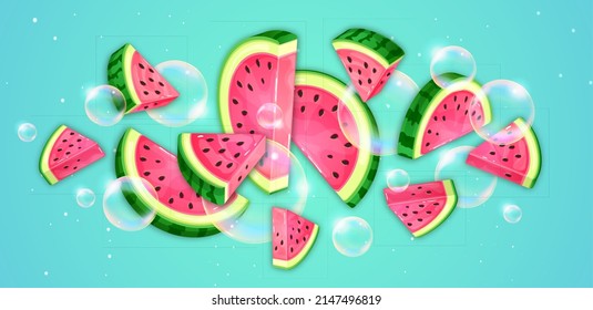 Watermelon slices with soap bubbles on blue background. Vector watermelon illustration