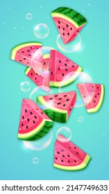 Watermelon slices with soap bubbles on blue background. Vector watermelon illustration