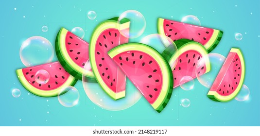 Watermelon slices with soap bubbles on blue background. Vector watermelon illustration