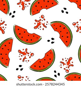 Watermelon slices with splashes and seeds, seamless vibrant pattern for textile fabric uses. vector illustration