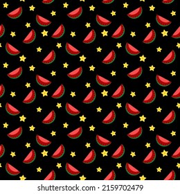 Watermelon slices and stars vector seamless pattern. Illustration for wallpaper, wrapping paper, textile, background. Red juicy summer fruit. Vector illustration
