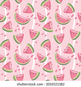 Watermelon and slices of watermelon. Striped print on pink background. Summer vibes. Seamless pattern. Vector.