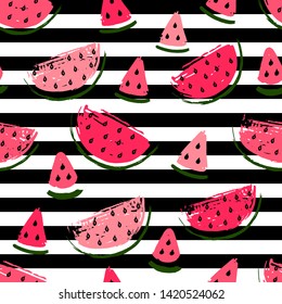 Watermelon slices, striped seamless pattern on  background.
