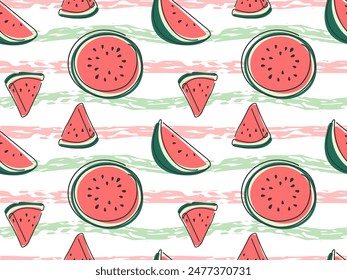 Watermelon slices striped seamless pattern. Sweet red ripe summer doodle fruit berry background. Cute funny Food ornament. Ingredient for seasonal refreshing cocktail, smoothie