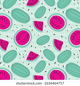 Watermelon slices striped seamless pattern. Sweet red ripe summer doodle fruit berry background. Cute funny Food ornament. Ingredient for seasonal refreshing cocktail, smoothie
