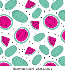 Watermelon slices striped seamless pattern. Sweet red ripe summer doodle fruit berry background. Cute funny Food ornament. Ingredient for seasonal refreshing cocktail, smoothie
