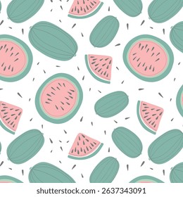 Watermelon slices striped seamless pattern. Sweet red ripe summer doodle fruit berry background. Cute funny Food ornament. Ingredient for seasonal refreshing cocktail, smoothie