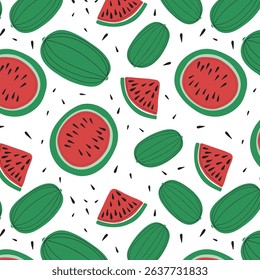 Watermelon slices striped seamless pattern. Sweet red ripe summer doodle fruit berry background. Cute funny Food ornament. Ingredient for seasonal refreshing cocktail, smoothie