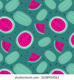 Watermelon slices striped seamless pattern. Sweet red ripe summer doodle fruit berry background. Cute funny Food ornament. Ingredient for seasonal refreshing cocktail, smoothie
