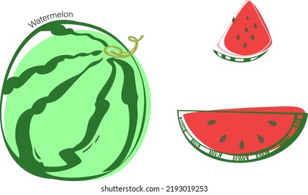 Watermelon and slices in the style of a flat illustration.Sweet berry for advertising,print creativity.