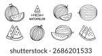 watermelon and watermelon slices summer doodle hand drawn icon set. Outline drawing watermelon line clipart symbol collection. Vector illustration