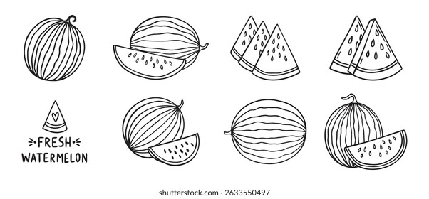 watermelon and watermelon slices summer doodle hand drawn icon set. Outline drawing watermelon line clipart symbol collection. Vector illustration