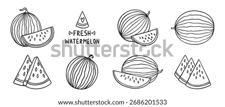 watermelon and watermelon slices summer doodle hand drawn icon set. Outline drawing watermelon line clipart symbol collection. Vector illustration