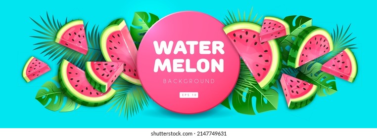 Watermelon slices with tropic leaves on blue background. Vector watermelon illustration