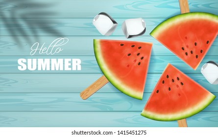 Watermelon slices Vector realistic. Summer tropic refreshing banner. 3d detailed juicy fruits slice