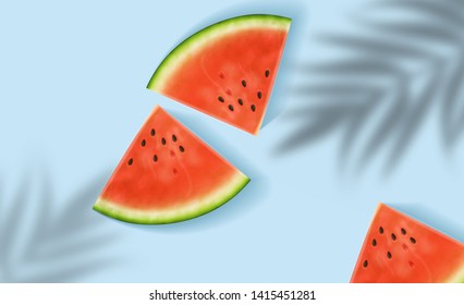 Watermelon slices Vector realistic. Summer tropic refreshing banner. 3d detailed juicy fruits slice