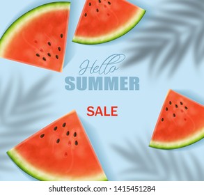 Watermelon slices Vector realistic. Summer tropic refreshing banner. 3d detailed juicy fruits slice
