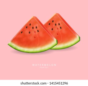 Watermelon slices Vector realistic. Summer tropic refreshing banner. 3d detailed juicy fruits slice