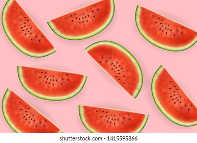 Watermelon slices Vector realistic. Summer tropic refreshing banner. 3d detailed juicy fruits slice