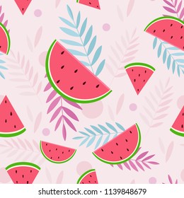 Watermelon slices vector seamless pattern with tropical leaves. Pink vector background with red watermelon slices with black seeds. 