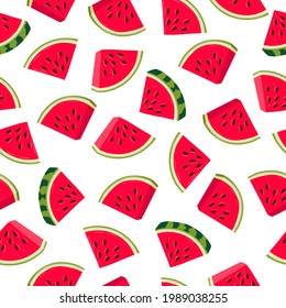 Watermelon slices - vector seamless pattern. Sliced watermelon, wedges, quarters, seeds. Print for fabric, tablecloth, kitchen textiles, clothing, wrapping paper, packaging.