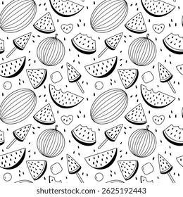 Watermelon slices vector seamless pattern. Watermelon slices sketch black and white pattern