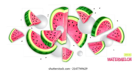 Watermelon slices with white spheres on white background. Vector watermelon illustration