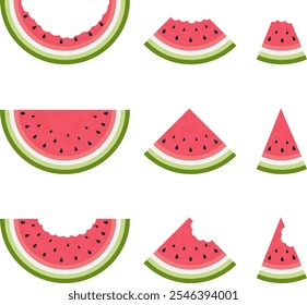 Watermelon slices, whole and bitten. Isolated vector illustration