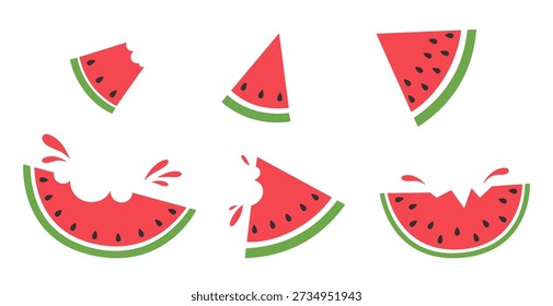 Watermelon slices whole, bitten with splashes, isolated on white, color vector illustration. A set of icons for a delicious, juicy, sweet, summer dessert. Collection of elements for design