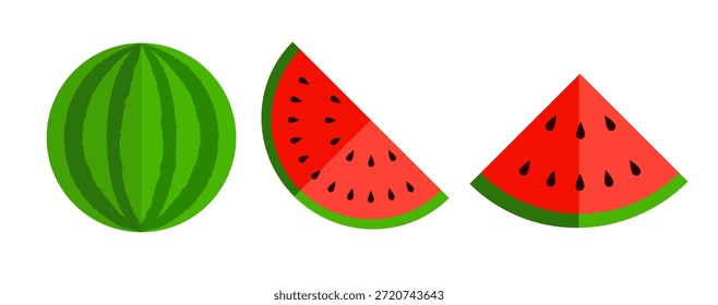 Wassermelonen-Scheiben und ganze Früchte, editierbare Symbole gesetzt.	