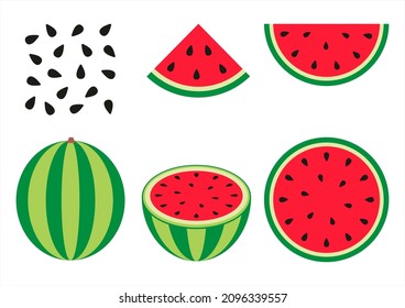 Watermelon slices and whole watermelon, watermelon seeds, flat illustration 