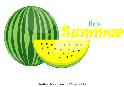 Watermelon slices and whole watermelon with text Hello Summer, white background, Summer concept and easy to edit.