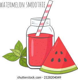 Watermelon smoothie with basil in jar. Vector illustration.