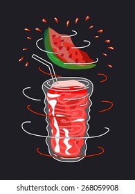 Watermelon smoothie. Design element for cafe or restaurant with energetic fresh drink. Fresh juice for healthy life. Organic raw shake. Hand drawn illustration. Rotating glass.