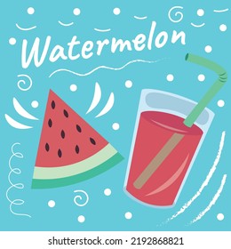 Watermelon and smoothie flat design with doodle elements on the background. Includes a piece of watermelon, a glass of watermelon smoothie, straw, doodle elements such as swirls, circles and lines.