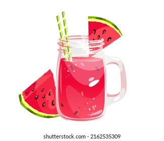 Watermelon smoothie in a jar.Refreshing summer cocktail with a slice of ripe watermelon.