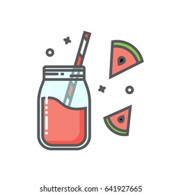 Watermelon smoothie in the mason jar outline flat icon. Watermelon slices.