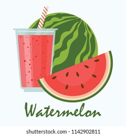 watermelon smoothie in plastic cup with watermelon fruit, vector illustration
