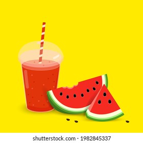watermelon smoothie in a plastic cup. Realistic plastic glass with red juice or smoothies and  straw. Vector illustration on yellow background.